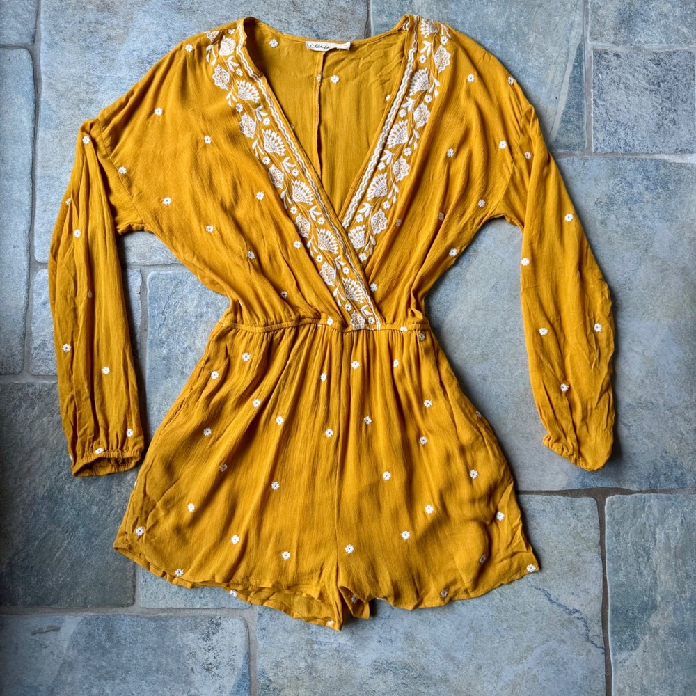 Chloe & Katie Boho Mustard Yellow Embroidered Romper - Size Medium